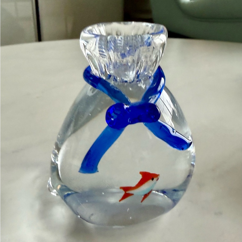Bella Casa Art glass Hand-Blown Glass Fish Bag Ornament with Blue Ribbon 4.3”